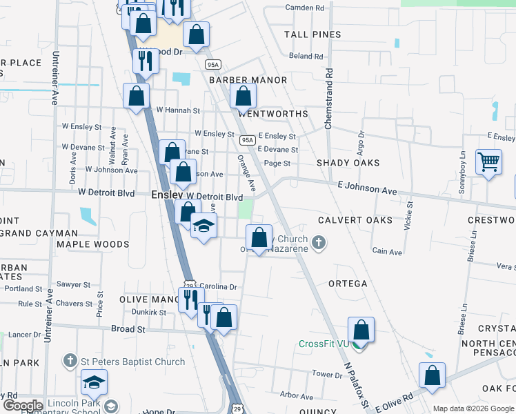 map of restaurants, bars, coffee shops, grocery stores, and more near 8430 Pittman Avenue in Pensacola