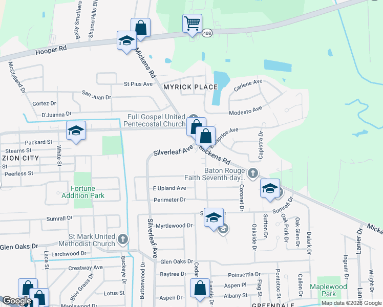 map of restaurants, bars, coffee shops, grocery stores, and more near 7331 Caprice Drive in Baton Rouge