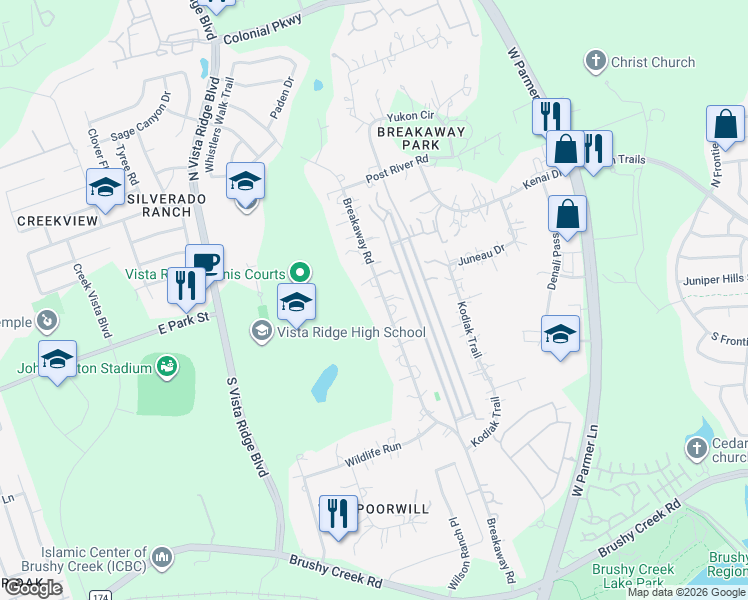 map of restaurants, bars, coffee shops, grocery stores, and more near 413 Breakaway Road in Cedar Park