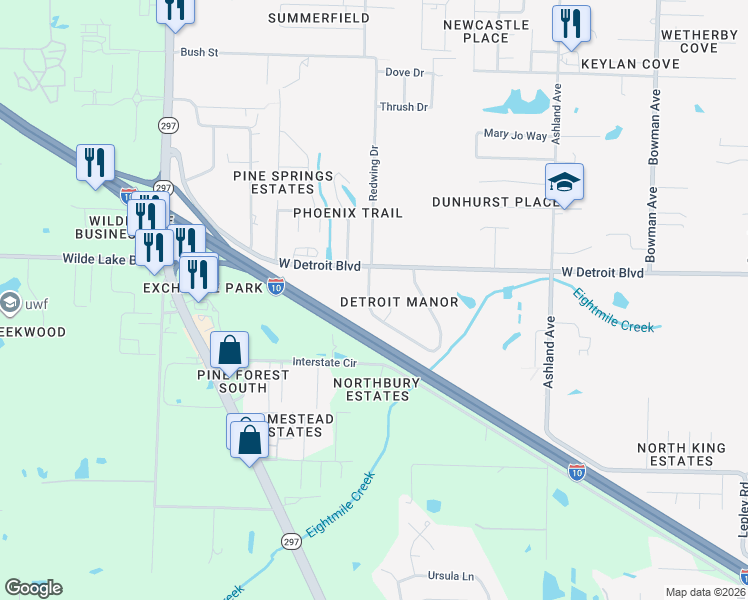 map of restaurants, bars, coffee shops, grocery stores, and more near 8327 Raleigh Circle in Pensacola