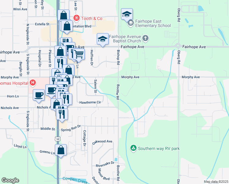 map of restaurants, bars, coffee shops, grocery stores, and more near 19986 Boothe Road in Fairhope