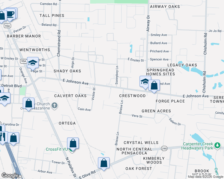 map of restaurants, bars, coffee shops, grocery stores, and more near 251 East Johnson Avenue in Pensacola