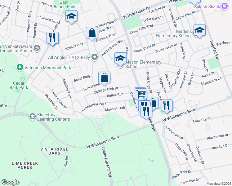 map of restaurants, bars, coffee shops, grocery stores, and more near 1805 Continental Pass in Cedar Park