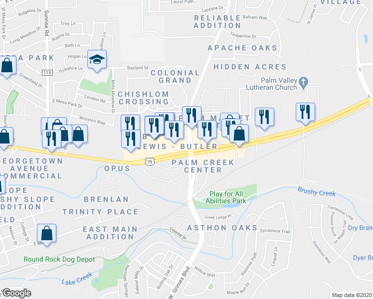 map of restaurants, bars, coffee shops, grocery stores, and more near 704 North A.W. Grimes Boulevard in Round Rock