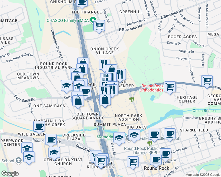map of restaurants, bars, coffee shops, grocery stores, and more near 110 West Palm Valley Boulevard in Round Rock