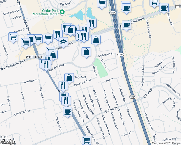 map of restaurants, bars, coffee shops, grocery stores, and more near 503 Dry Bean Cove in Cedar Park