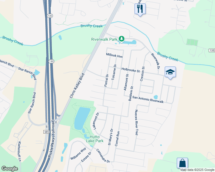 map of restaurants, bars, coffee shops, grocery stores, and more near 408 Fistral Drive in Hutto
