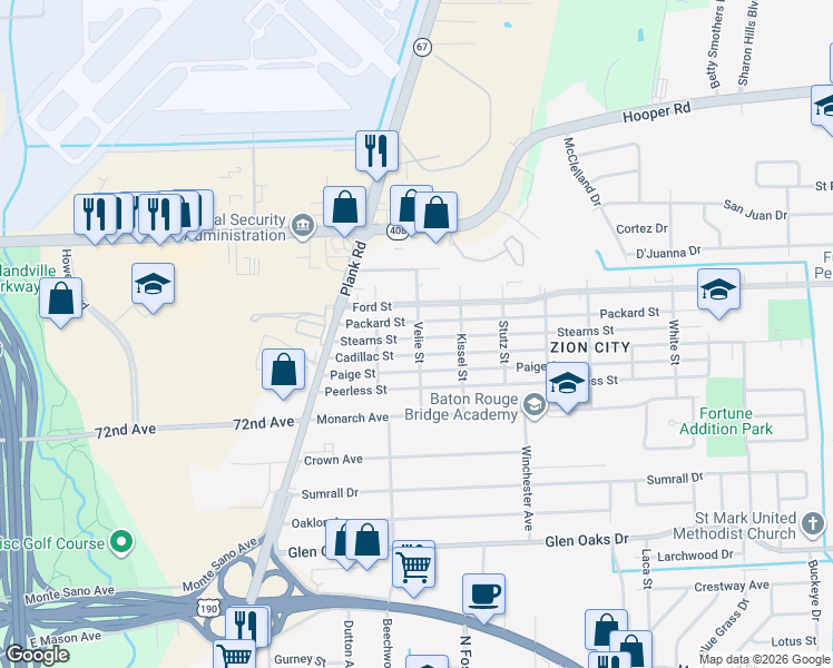 map of restaurants, bars, coffee shops, grocery stores, and more near 4815 Packard Street in Baton Rouge