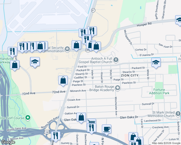 map of restaurants, bars, coffee shops, grocery stores, and more near 4815 Packard Street in Baton Rouge