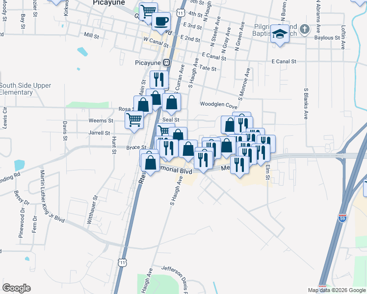 map of restaurants, bars, coffee shops, grocery stores, and more near 712 South Haugh Avenue in Picayune