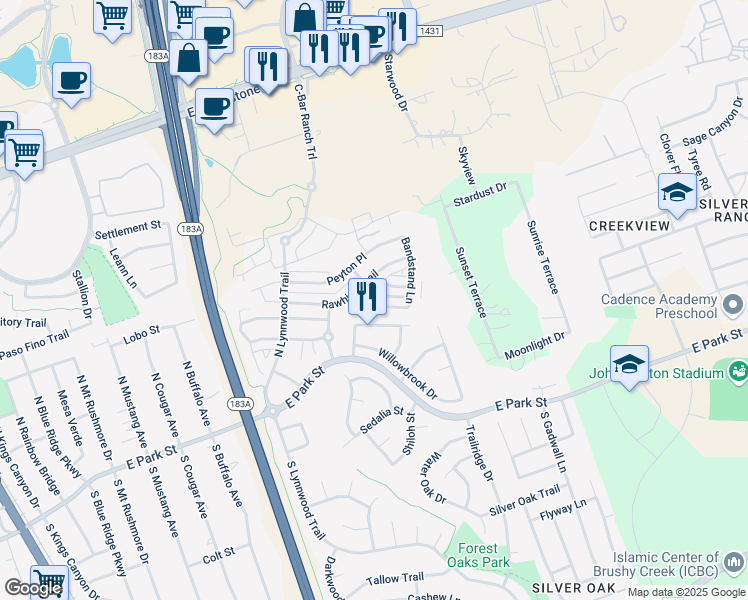 map of restaurants, bars, coffee shops, grocery stores, and more near 1124 Rawhide Trail in Cedar Park