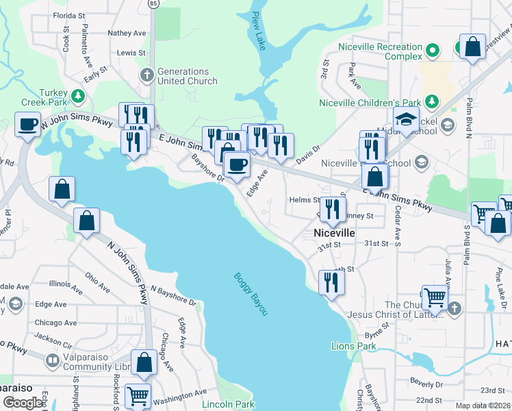 map of restaurants, bars, coffee shops, grocery stores, and more near 203 Edge Avenue in Niceville