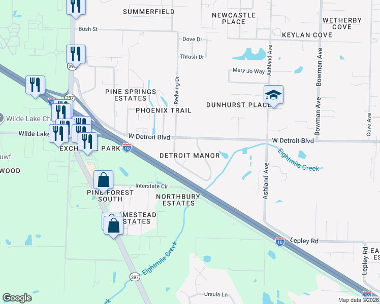 map of restaurants, bars, coffee shops, grocery stores, and more near 2091 West Detroit Boulevard in Pensacola