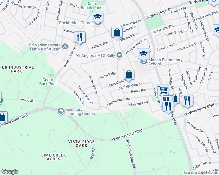 map of restaurants, bars, coffee shops, grocery stores, and more near 2100 Coachlamp Drive in Cedar Park