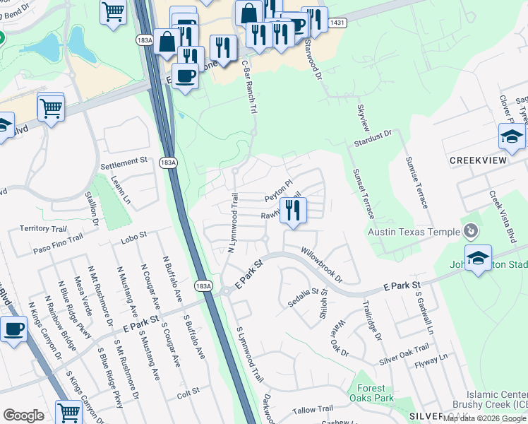 map of restaurants, bars, coffee shops, grocery stores, and more near 1102 Peyton Place in Cedar Park