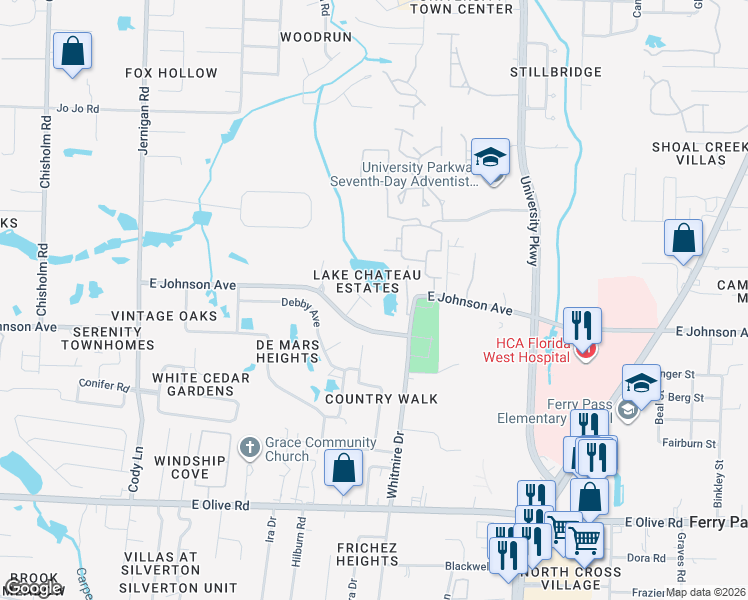 map of restaurants, bars, coffee shops, grocery stores, and more near 1460 Chalet Place in Pensacola