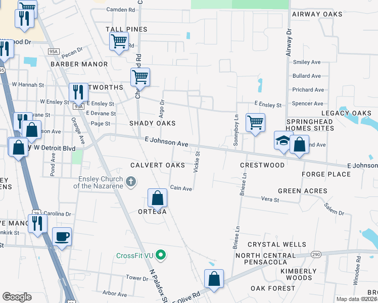 map of restaurants, bars, coffee shops, grocery stores, and more near 209 East Johnson Avenue in Pensacola