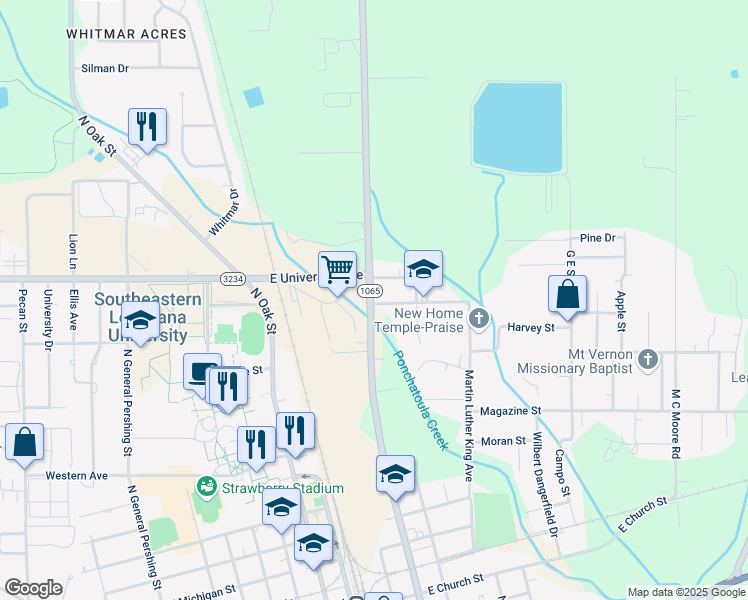 map of restaurants, bars, coffee shops, grocery stores, and more near 307 Crystal Street in Hammond