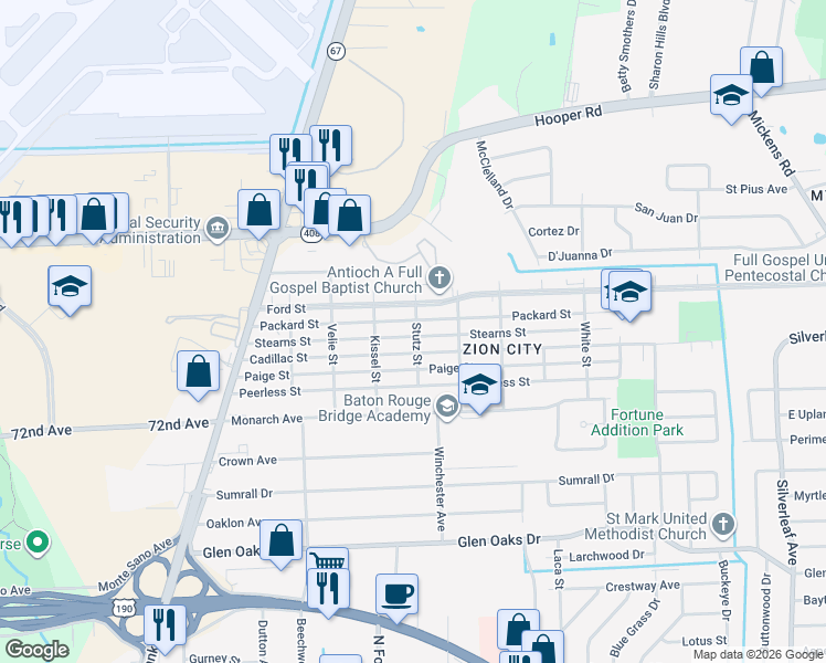 map of restaurants, bars, coffee shops, grocery stores, and more near 5181 Stearns Street in Baton Rouge