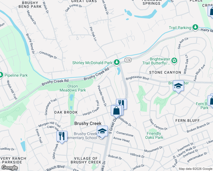 map of restaurants, bars, coffee shops, grocery stores, and more near 3811 Powder Horn Drive in Round Rock