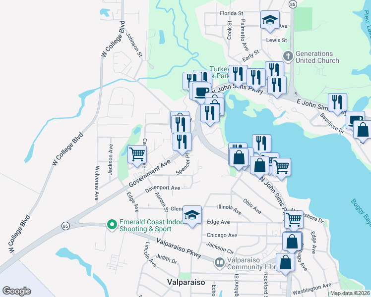 map of restaurants, bars, coffee shops, grocery stores, and more near 714 Howell Road in Niceville
