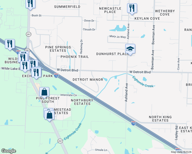 map of restaurants, bars, coffee shops, grocery stores, and more near 1997 West Detroit Boulevard in Pensacola