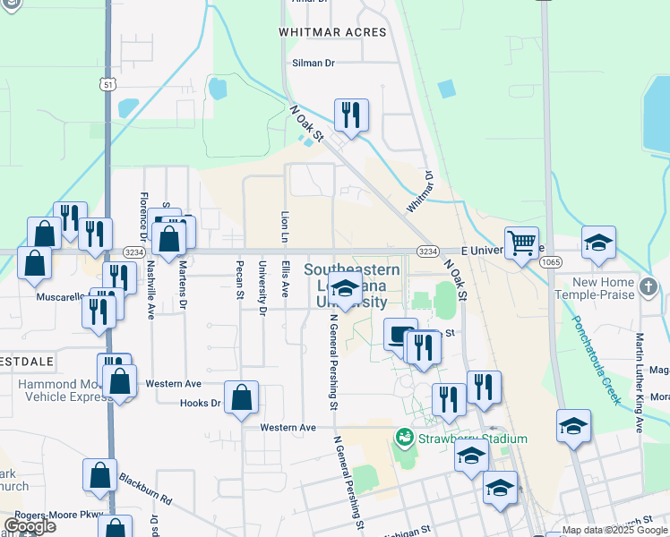 map of restaurants, bars, coffee shops, grocery stores, and more near 214 College Drive in Hammond