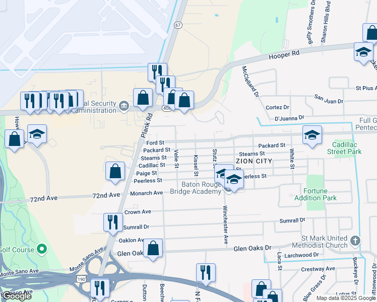 map of restaurants, bars, coffee shops, grocery stores, and more near 5003 Packard Street in Baton Rouge