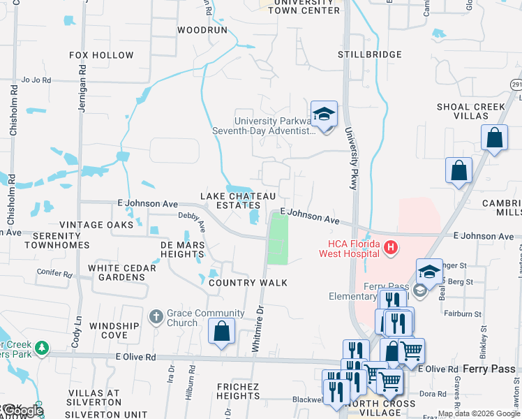 map of restaurants, bars, coffee shops, grocery stores, and more near 1500 East Johnson Avenue in Pensacola