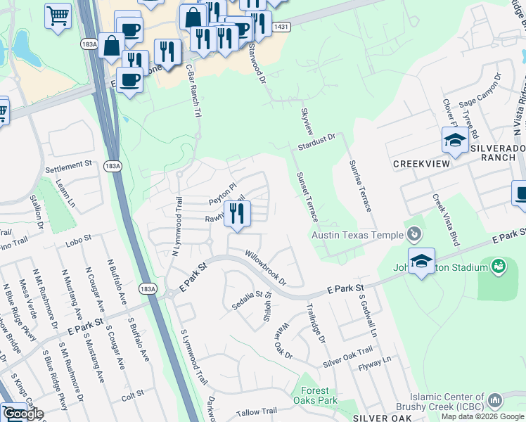 map of restaurants, bars, coffee shops, grocery stores, and more near 1313 Diner Drive in Cedar Park