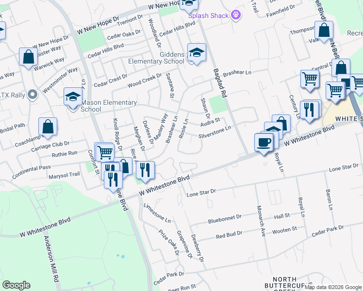 map of restaurants, bars, coffee shops, grocery stores, and more near 1311 Rosie Lane in Cedar Park