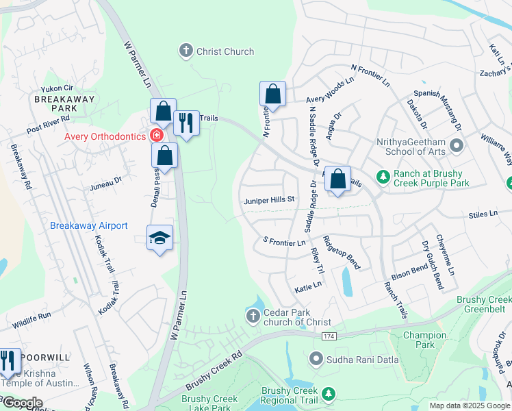 map of restaurants, bars, coffee shops, grocery stores, and more near 3608 Juniper Hills Street in Cedar Park