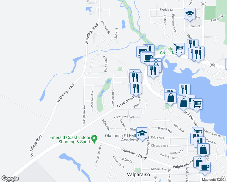 map of restaurants, bars, coffee shops, grocery stores, and more near 111a Cadillac Avenue in Niceville
