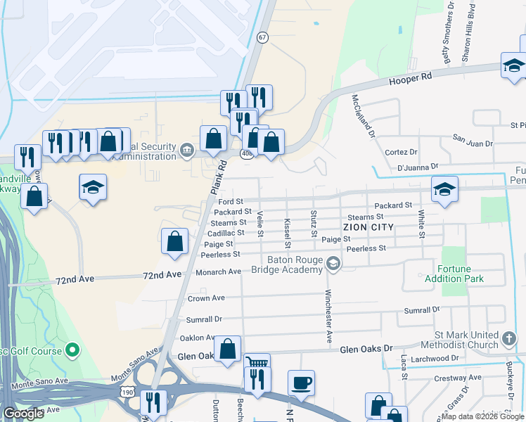 map of restaurants, bars, coffee shops, grocery stores, and more near 4815 Packard Street in Baton Rouge