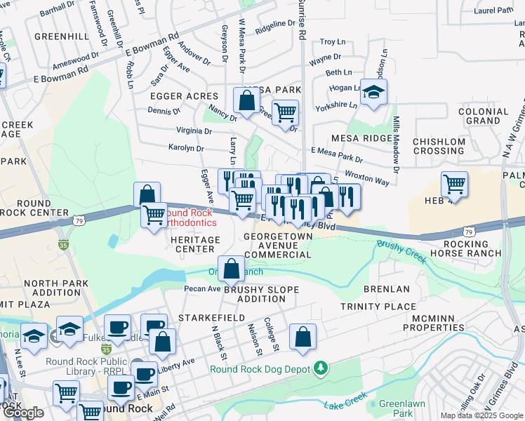 map of restaurants, bars, coffee shops, grocery stores, and more near 920 Palm Valley Boulevard in Round Rock