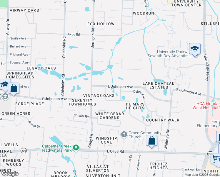 map of restaurants, bars, coffee shops, grocery stores, and more near 1241 East Johnson Avenue in Pensacola
