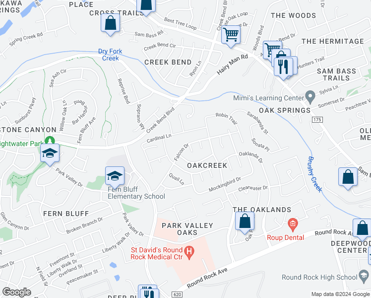 map of restaurants, bars, coffee shops, grocery stores, and more near 2423 Falcon Drive in Round Rock