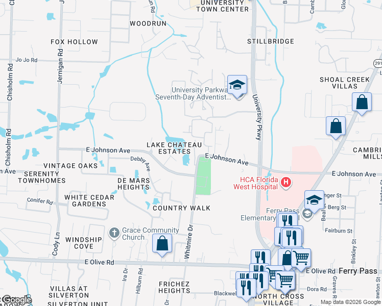 map of restaurants, bars, coffee shops, grocery stores, and more near 1500 East Johnson Avenue in Pensacola