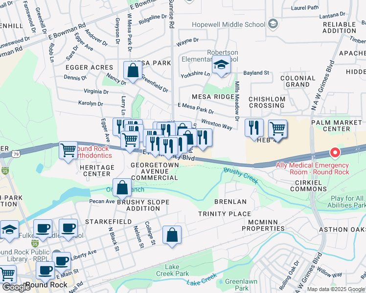 map of restaurants, bars, coffee shops, grocery stores, and more near 1220 East Palm Valley Boulevard in Round Rock