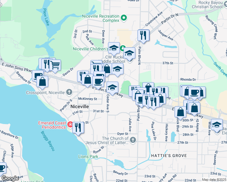 map of restaurants, bars, coffee shops, grocery stores, and more near 800 East John Sims Parkway in Niceville