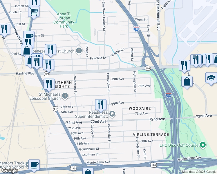 map of restaurants, bars, coffee shops, grocery stores, and more near 2398 78th Avenue in Baton Rouge