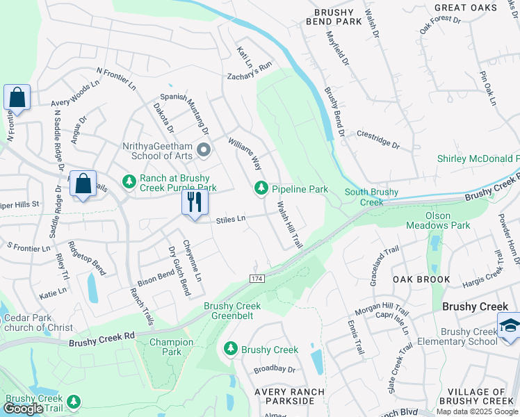 map of restaurants, bars, coffee shops, grocery stores, and more near 905 Williams Way in Cedar Park