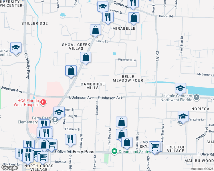 map of restaurants, bars, coffee shops, grocery stores, and more near 2540 Eclipse Lane in Pensacola