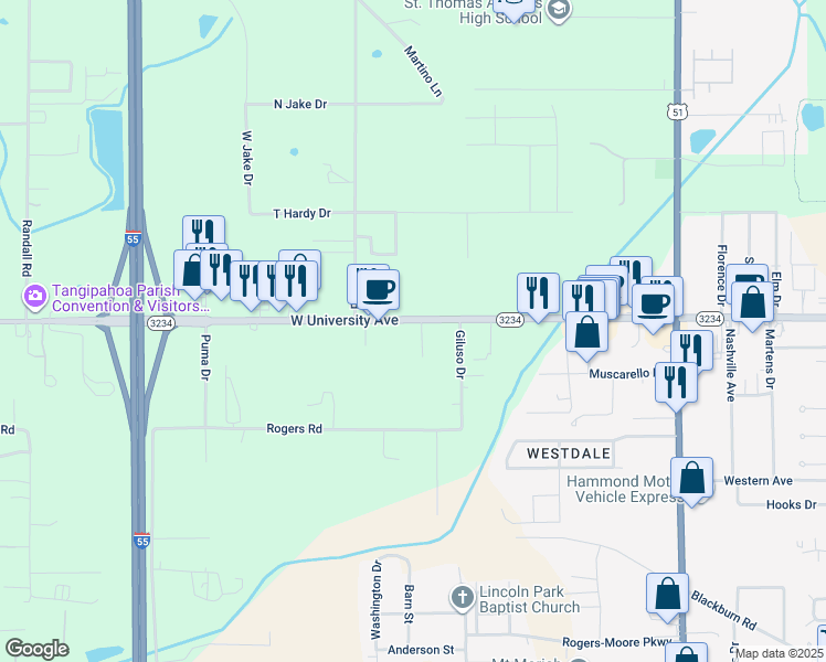 map of restaurants, bars, coffee shops, grocery stores, and more near 14340 West University Avenue in Hammond