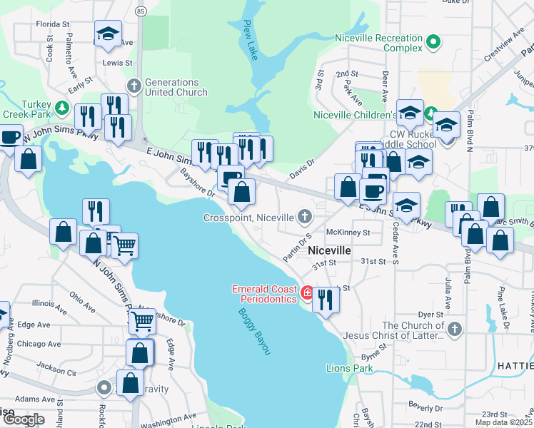 map of restaurants, bars, coffee shops, grocery stores, and more near 314 Grand Oaks Drive in Niceville