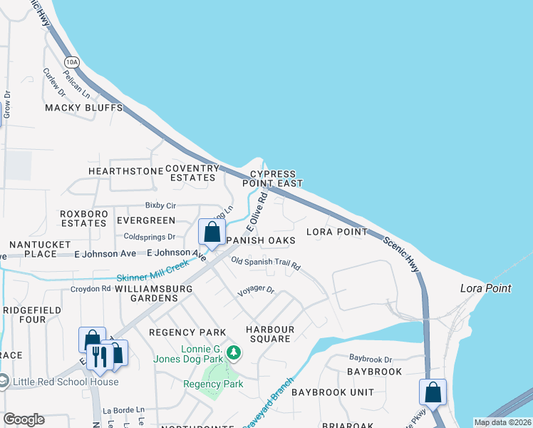 map of restaurants, bars, coffee shops, grocery stores, and more near 4811 Rosemont Court in Pensacola