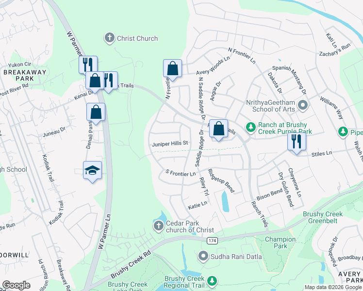map of restaurants, bars, coffee shops, grocery stores, and more near 3800 Juniper Hills Street in Cedar Park