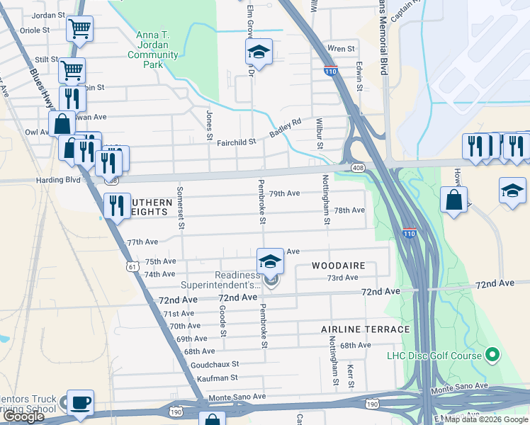 map of restaurants, bars, coffee shops, grocery stores, and more near 7800 Pembroke Street in Baton Rouge