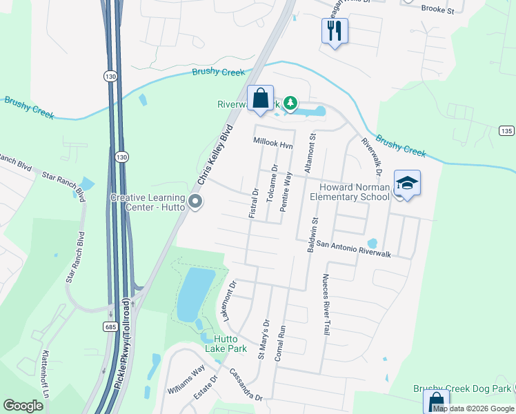 map of restaurants, bars, coffee shops, grocery stores, and more near 102 Acadia Cove in Hutto