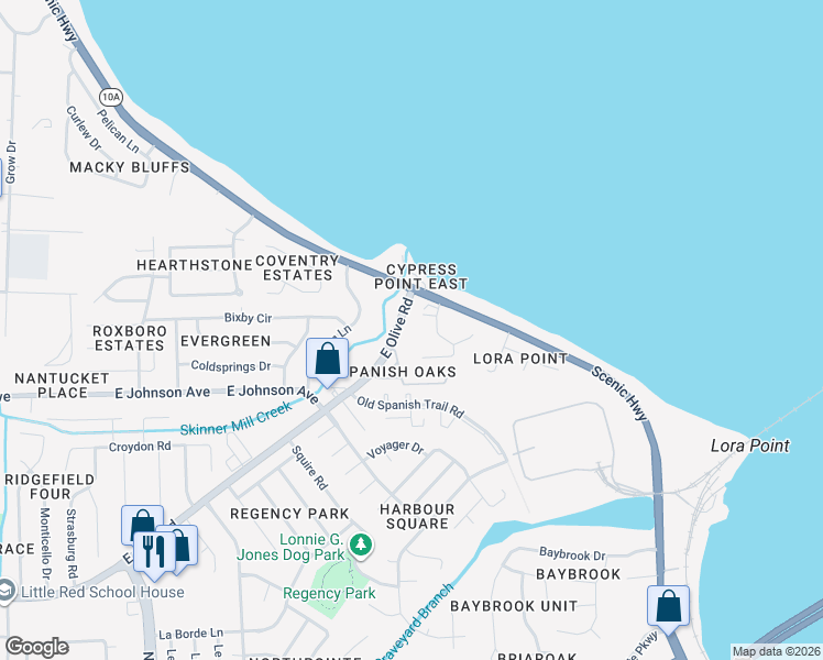 map of restaurants, bars, coffee shops, grocery stores, and more near 4811 Rosemont Court in Pensacola